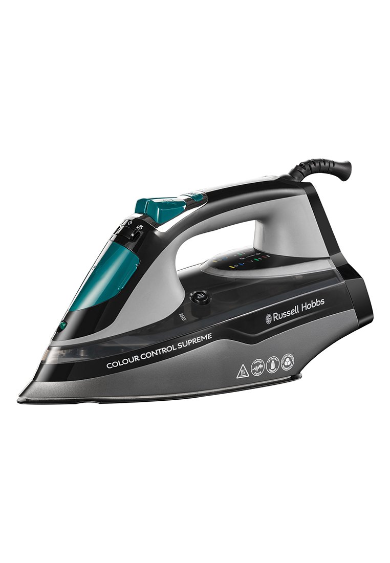 Ferro da stiro Russell Hobbs con un design elegante nero e grigio, dotato di un serbatoio dell'acqua trasparente e diversi pulsanti di controllo sul manico.