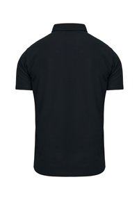 Svart polo skjorta med korta ärmar och klassisk krage. Slät tygtextur, inga synliga logotyper eller mönster, rak fåll i botten.