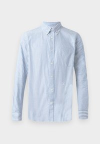 Hellblaues Button-up Hemd mit vertikalen weißen Streifen, langen Ärmeln und einer Brusttasche. Es hat ein kleines Logo im unteren Bereich.