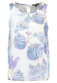 Blusa bianca senza maniche con motivo floreale blu e dettagli rosa, colletto rotondo e apertura a chiave sulla schiena. Tessuto leggero e morbido.
