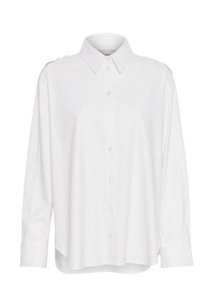 Camicia bianca con colletto, maniche lunghe, vestibilità leggermente ampia e dettagli sulle spalle. Realizzata in tessuto leggero e strutturato.
