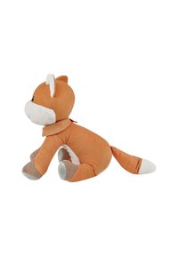Orange and white stuffed fox toy sitting with a red collar, beige paws, and a white tipped tail on a white background.