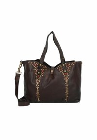 Borsa tote in pelle marrone con due manici corti e una lunga tracolla regolabile. Presenta borchie decorative e gemme disposte in un motivo a cascata.