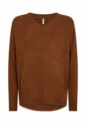 Brun v-ringad tröja med långa ärmar, gjord av texturerat tyg. Har en avslappnad passform och en något rundad nederkant.