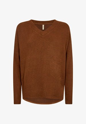 Brauner V-Ausschnitt-Pullover mit langen Ärmeln, aus strukturiertem Stoff. Verfügt über eine lockere Passform und einen leicht abgerundeten Saum am Boden.