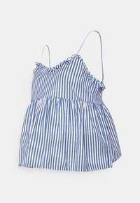 Top de tiras azul e branco com riscas, decote rendado e silhueta solta e flared. Feito de tecido leve.
