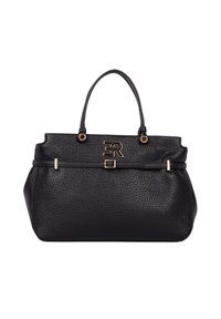 Borsa a mano in pelle nera con superficie testurizzata, doppie maniglie superiori, accessori in tono oro e un logo evidente sulla parte anteriore.