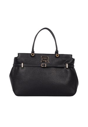 Borsa a mano in pelle nera con superficie testurizzata, doppie maniglie superiori, accessori in tono oro e un logo evidente sulla parte anteriore.