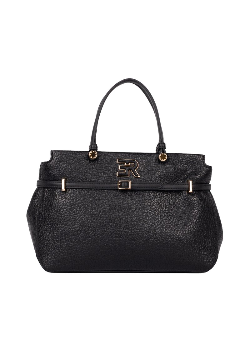 Borsa a mano in pelle nera con superficie testurizzata, doppie maniglie superiori, accessori in tono oro e un logo evidente sulla parte anteriore.