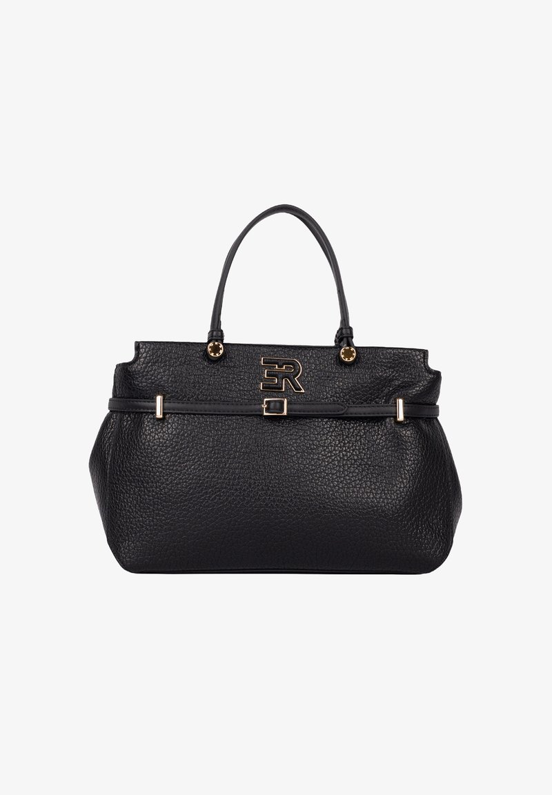 Borsa a mano in pelle nera con superficie testurizzata, doppie maniglie superiori, accessori in tono oro e un logo evidente sulla parte anteriore.