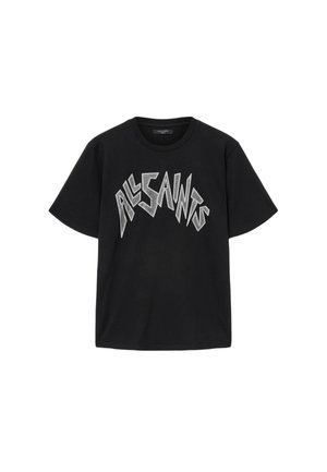 Čierne bavlnené tričko s krátkymi rukávmi a okrúhlym výstrihom, s odvážnym grafickým logom "ALLSAINTS" v striebornej farbe.