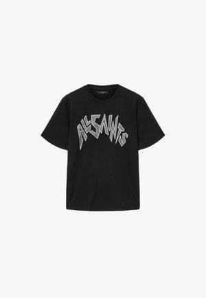 Čierne bavlnené tričko s krátkymi rukávmi a okrúhlym výstrihom, s odvážnym grafickým logom "ALLSAINTS" v striebornej farbe.