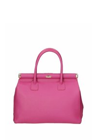 Bolso de mano de cuero rosa con forma estructurada, dos asas, detalles de hardware dorado y una superficie texturizada. Sin adornos visibles.