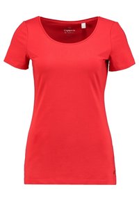 Camiseta corta de manga corta roja, hecha de material suave, con un escote redondo y un diseño ajustado. Acento de logotipo sutil en el dobladillo.