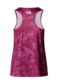 Purple tank top with a tie-dye pattern, featuring racerback design and logo at the neck; made from lightweight, breathable material.
