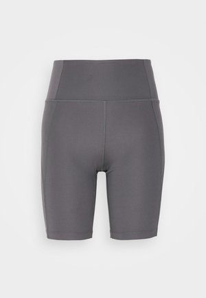 Gray high-waisted bike shorts made of stretchy material, featuring a smooth texture and minimal stitching details. Fit is snug and form-fitting.