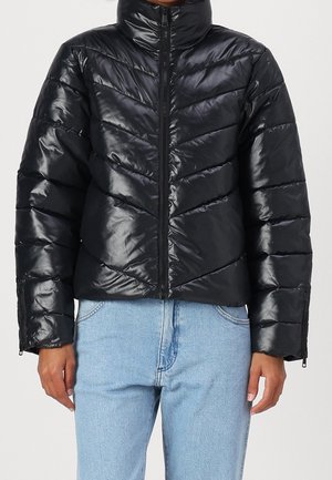 Black shiny quilted puffer jacket with zipper front, high collar, and long sleeves worn with light blue jeans.