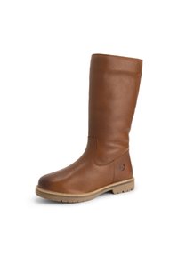 Bruine leren laars tot de kuit met een ronde neus, gestructureerde bovenkant, tan rubberen zool met lugs en een klein geëmbosseerd logo nabij de hiel.