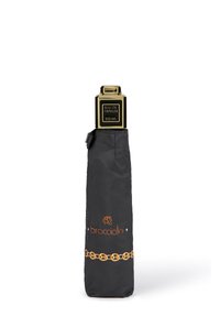 Braccialini parfumfles, 100 ml, verpakt in een zwarte stoffen pouch met een gouden kettingontwerp en logo, vierkant van vorm met een gouden dop.