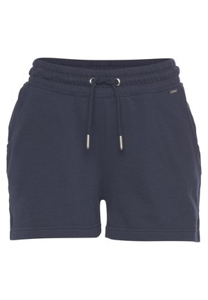 Navy blue cotton shorts with an elastic waistband and drawstring, featuring two side pockets and a smooth texture. Minimal branding detail.