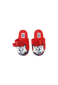 Pantofole rosse con un'immagine di un personaggio con mani bianche e un fiocco rosso a pois. Il materiale sembra morbido con una superficie texturizzata.