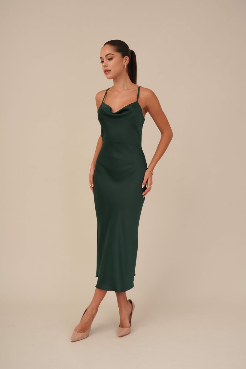 green satin party dress Olive Green Evening Dress with Waist Tie main image 1