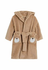Beige Kapuzenbademantel aus weichem Fleece mit Taschen in Bärenform und einem gebundenen Gürtel. Verfügt über lange Ärmel und eine plüschige Textur.