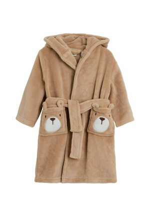 Beige kylpy``viitta, jossa on pehmeä fleece, karhun kasvot taskuissa ja sidottava vyö. Ominaisuuksiin kuuluu pitkät hihat ja ylellinen rakenne.