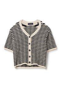Cardigan corto nero e crema con maniche corte, caratterizzato da un collo a V, motivo a righe verticali e cinque bottoni neri sul davanti.