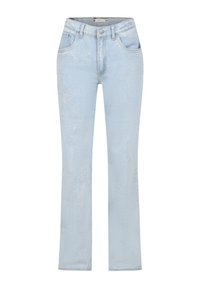 Jeans in denim azzurro chiaro con una texture sbiadita, vestibilità slim, vita media e gambe dritte. Presentano cinque tasche e una chiusura con bottone metallico.
