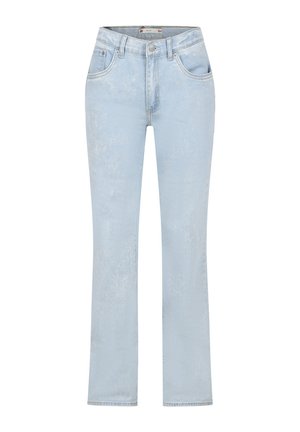 Lichtblauwe denim jeans met een vervaagde textuur, slim fit, middelhoge taille en rechte pijpen. Bevat vijf zakken en een metalen knoopsluiting.