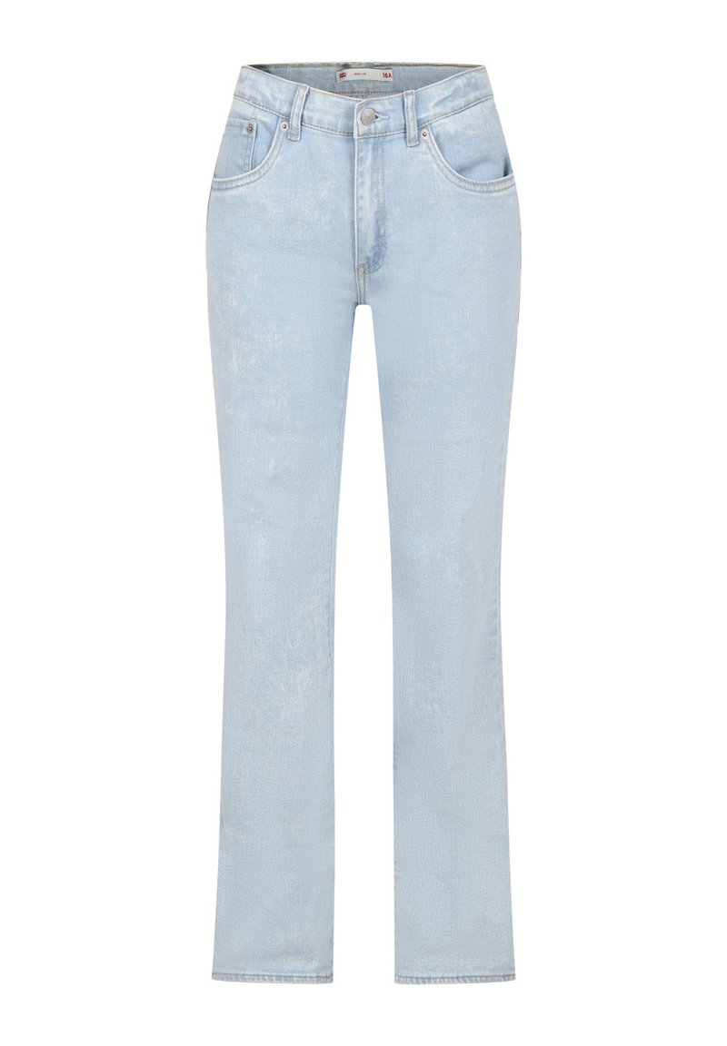 Jeans in denim azzurro chiaro con una texture sbiadita, vestibilità slim, vita media e gambe dritte. Presentano cinque tasche e una chiusura con bottone metallico.