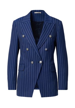 Granatowa dwurzędowa marynarka w białe pionowe prążki, z sześcioma srebrnymi guzikami, klapami z nacięciami oraz przednimi kieszeniami z klapkami.
