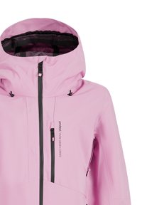 Pink waterproof jacket with hood, black vertical zipper, chest pocket zipper, and "Protest Pyre Green Series" text on the front.