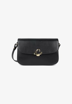 Sac bandoulière en cuir noir avec fermoir en forme de cœur doré et sangle réglable, design rectangulaire simple.