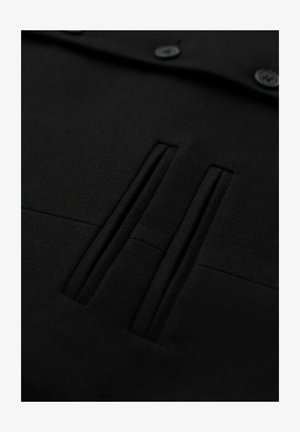 Zbliżenie dwóch pionowych kieszeni szczelinowych na czarnym materiale, z widocznym zapięciem na guzik u górnej krawędzi.