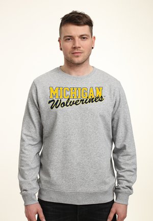 Grijze crewneck sweatshirt met de tekst "MICHIGAN Wolverines" in geel en zwart. De stof is glad; het heeft ribgebreide boorden en een zoom.