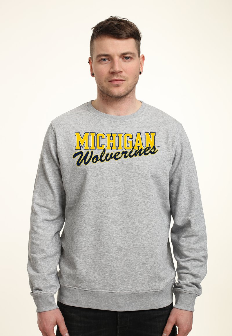 Grijze crewneck sweatshirt met de tekst "MICHIGAN Wolverines" in geel en zwart. De stof is glad; het heeft ribgebreide boorden en een zoom.