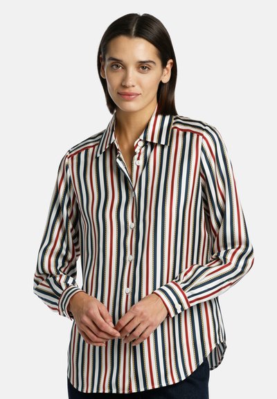 Long-sleeve button-up shirt featuring vertical stripes in red, navy, and white, with subtle gold accents and a curved hemline.