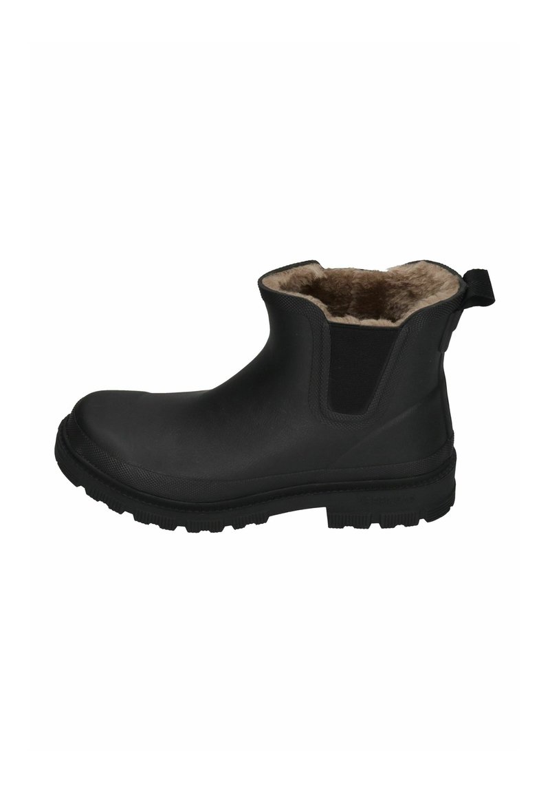 Botas de tobillo negras impermeables con un exterior de goma texturizada, paneles laterales elásticos y un suave forro de pelo sintético. Suela gruesa para mayor tracción.