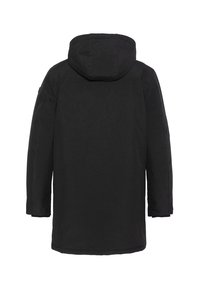 Parka noire avec capuche, manches longues et design simple. Fabriquée en tissu lisse à finition mate. Aucun accessoire ni motif visible.