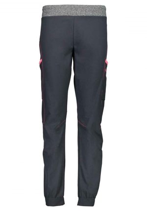 Dark gray jogger pants with elastic gray waistband, pink side accents, and cuffed ankles.