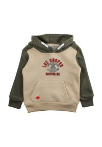 Sweat à capuche beige et vert olive avec poche avant, texte graphique rouge, poignets et ourlet côtelés ; fabriqué en tissu doux et résistant.