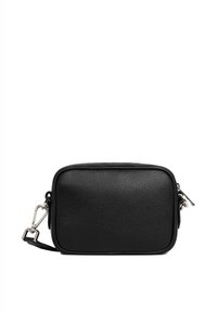 Borsa a tracolla in pelle nera con finitura testurizzata; forma rettangolare, chiusura con zip superiore e accessori in argento. Inclusa tracolla regolabile.