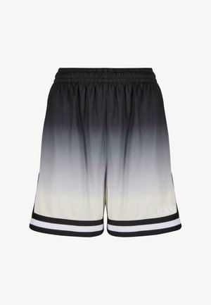 Meeste spordilühikesed püksid gradient mustast hallini disainiga, valmistatud hingavast kangast, valgete triipudega aksendiga allääres ja vööosas.