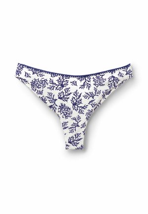 Perizoma in cotone con sfondo bianco, caratterizzato da un motivo di coralli blu navy, e una cintura di contrasto blu scuro.