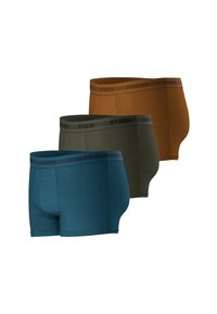 Pack de trois boxers pour hommes en teal, vert olive et orange brûlé, fabriqués en tissu extensible, avec des tailles élastiques arborant le logo de la marque.