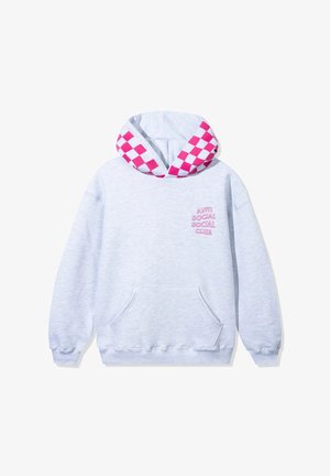 Szary hoodie z różową podszewką w kratkę, przednia kieszeń oraz różowy wyszywany napis "ANTI SOCIAL SOCIAL CLUB" na klatce piersiowej.