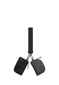 Two small black and gray zippered pouches attached by silver clips to a black wrist strap.