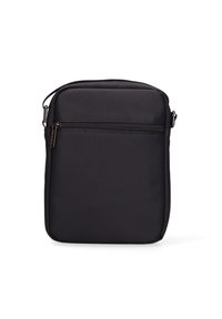 Borsa rettangolare nera in tessuto strutturato, con tasca frontale con zip e tracolla regolabile. Design minimalista.